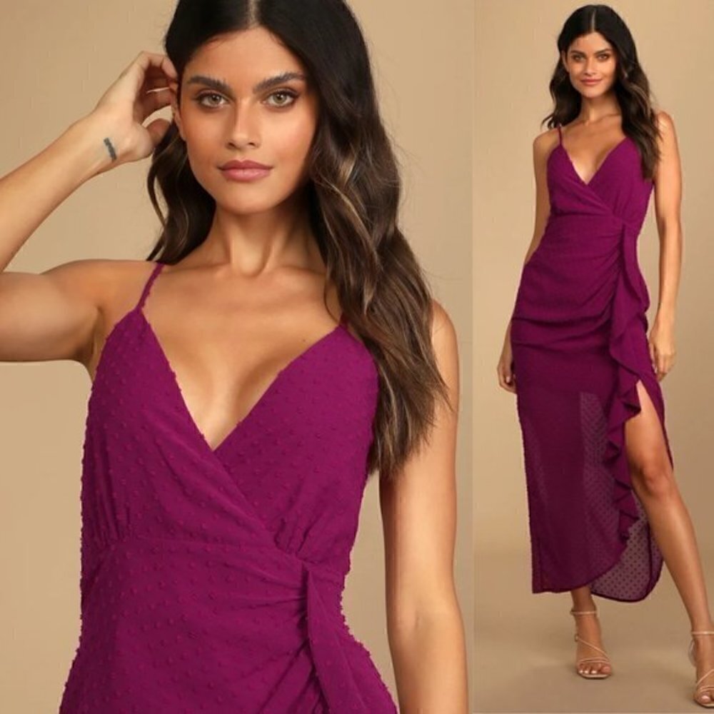 Lulu's For Us to Dance Magenta Swiss Dot Ruffled Midi Dress Size S NWT - Picture 2 of 12